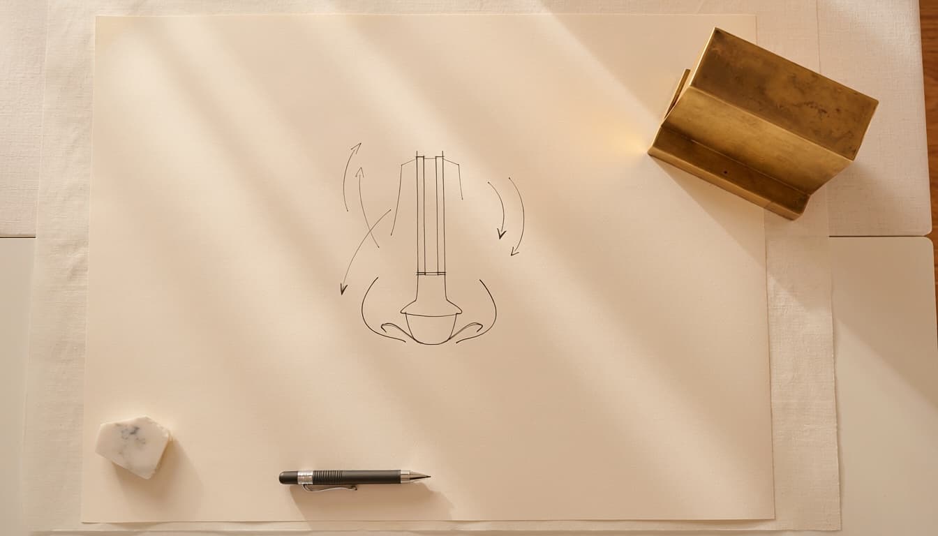 A surgeon's drawing table in daylight, with a freehand ink study of a nose in profile showing the septum and the path of air through the nasal passage, beside a brass rule, a pencil and a fragment of marble