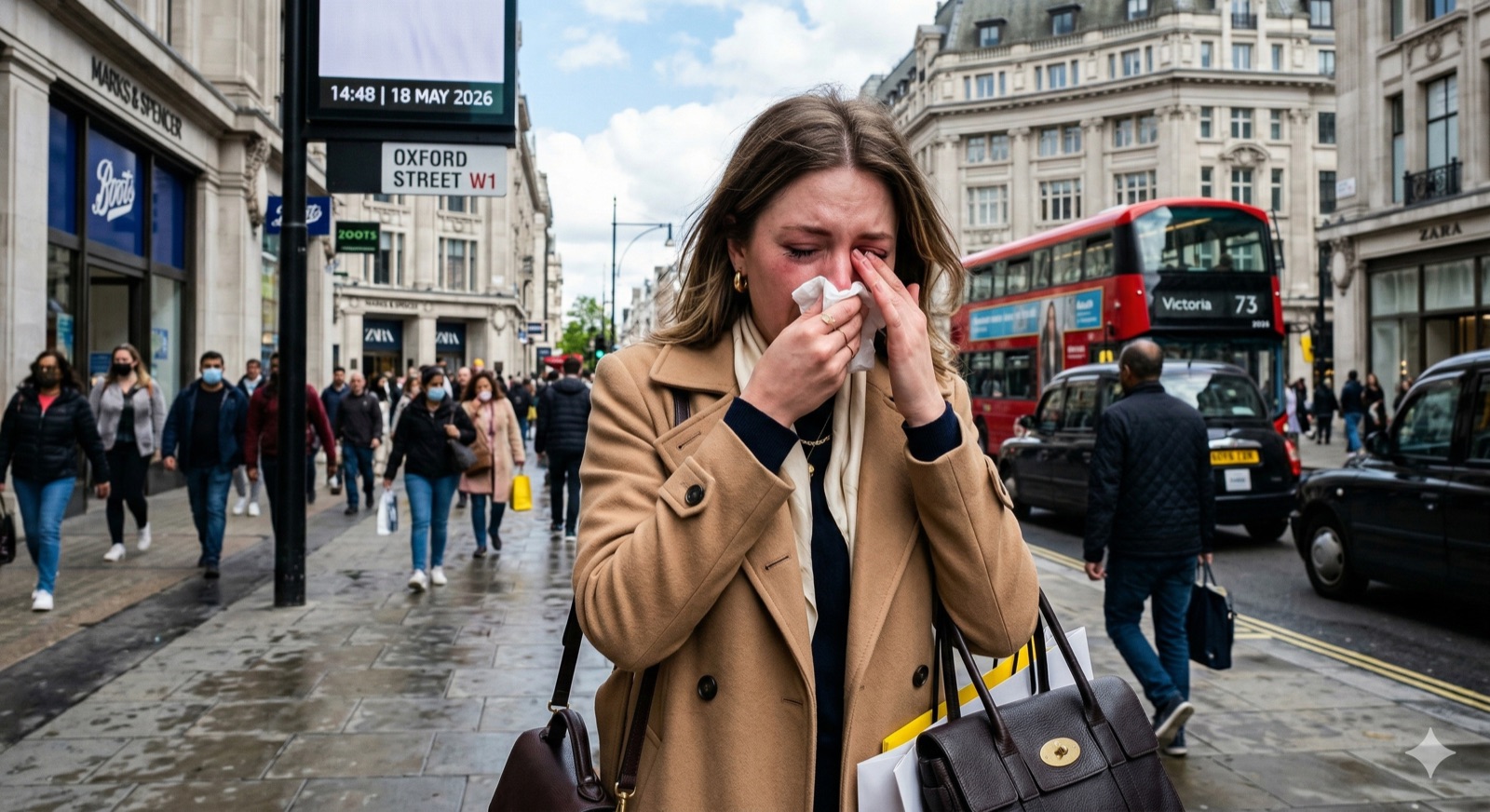 Woman suffering from hay fever on Oxford Street, London, wiping her nose with a tissue during high pollen season