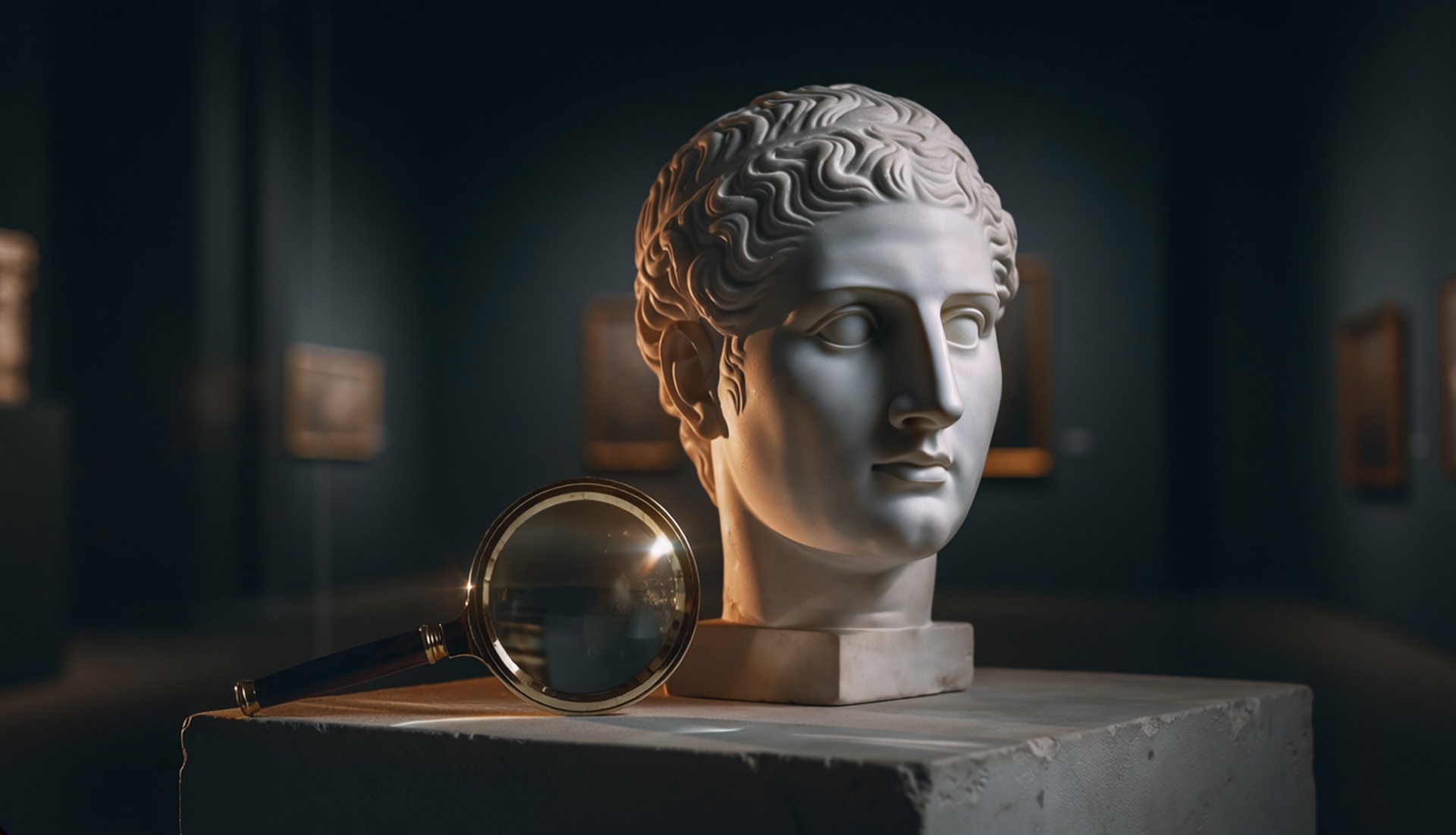 Classical marble bust examined under a magnifying glass, representing an honest, careful look at non-surgical rhinoplasty